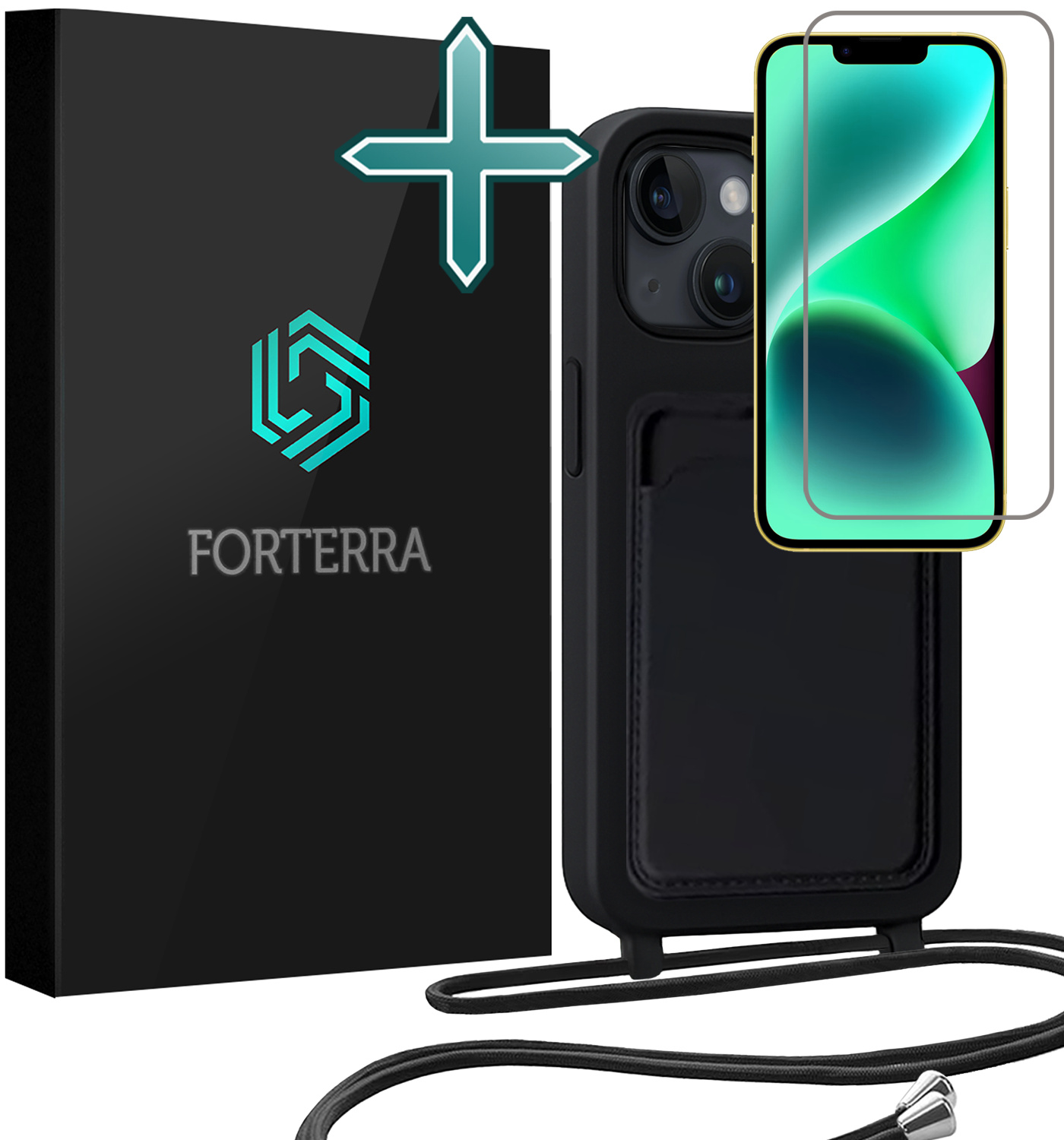 Forterra Forterra iPhone 13 Hoesje Pashouder met Koord Met Screenprotector - Zwart