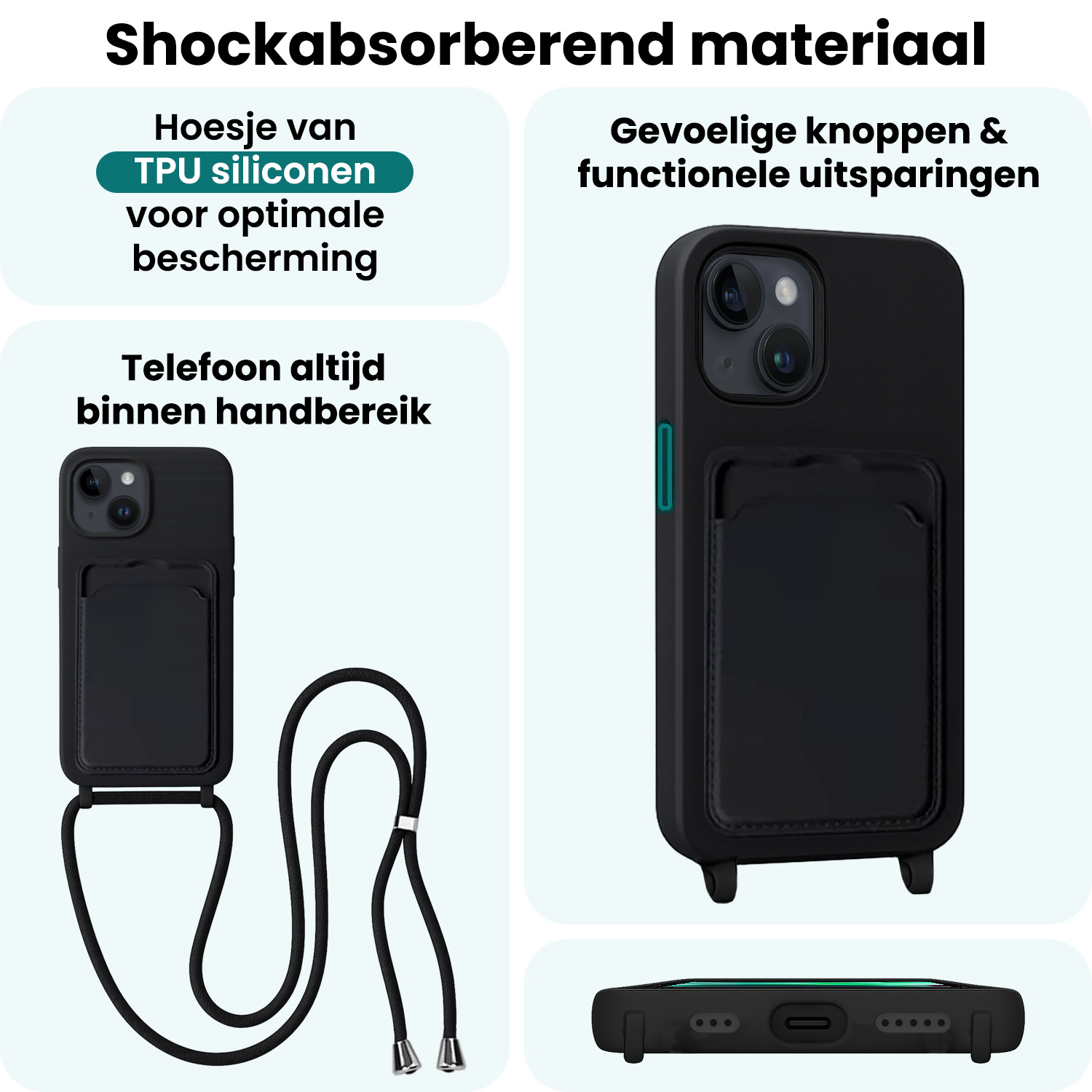 Forterra Forterra iPhone 13 Hoesje Pashouder met Koord Met Screenprotector - Zwart