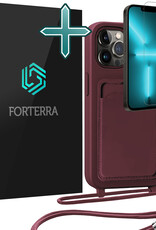 Forterra Forterra iPhone 13 Pro Hoesje Pashouder met Koord Met Screenprotector - Aubergine