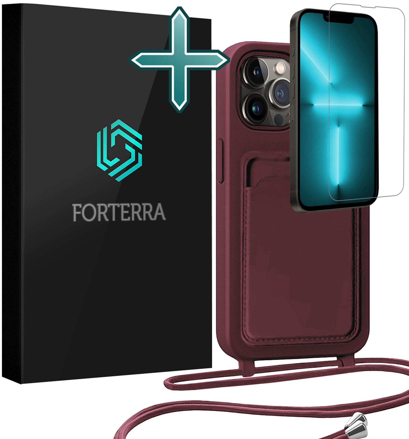 Forterra Forterra iPhone 13 Pro Hoesje Pashouder met Koord Met Screenprotector - Aubergine