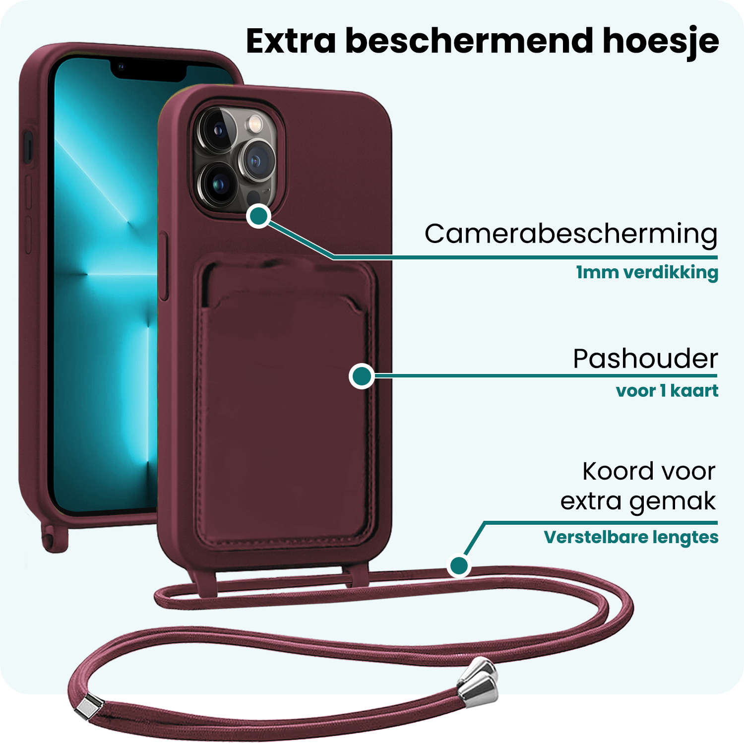 Forterra Forterra iPhone 13 Pro Hoesje Pashouder met Koord Met Screenprotector - Aubergine