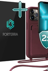 Forterra Forterra iPhone 13 Pro Hoesje Pashouder met Koord Met 2x Screenprotector - Aubergine