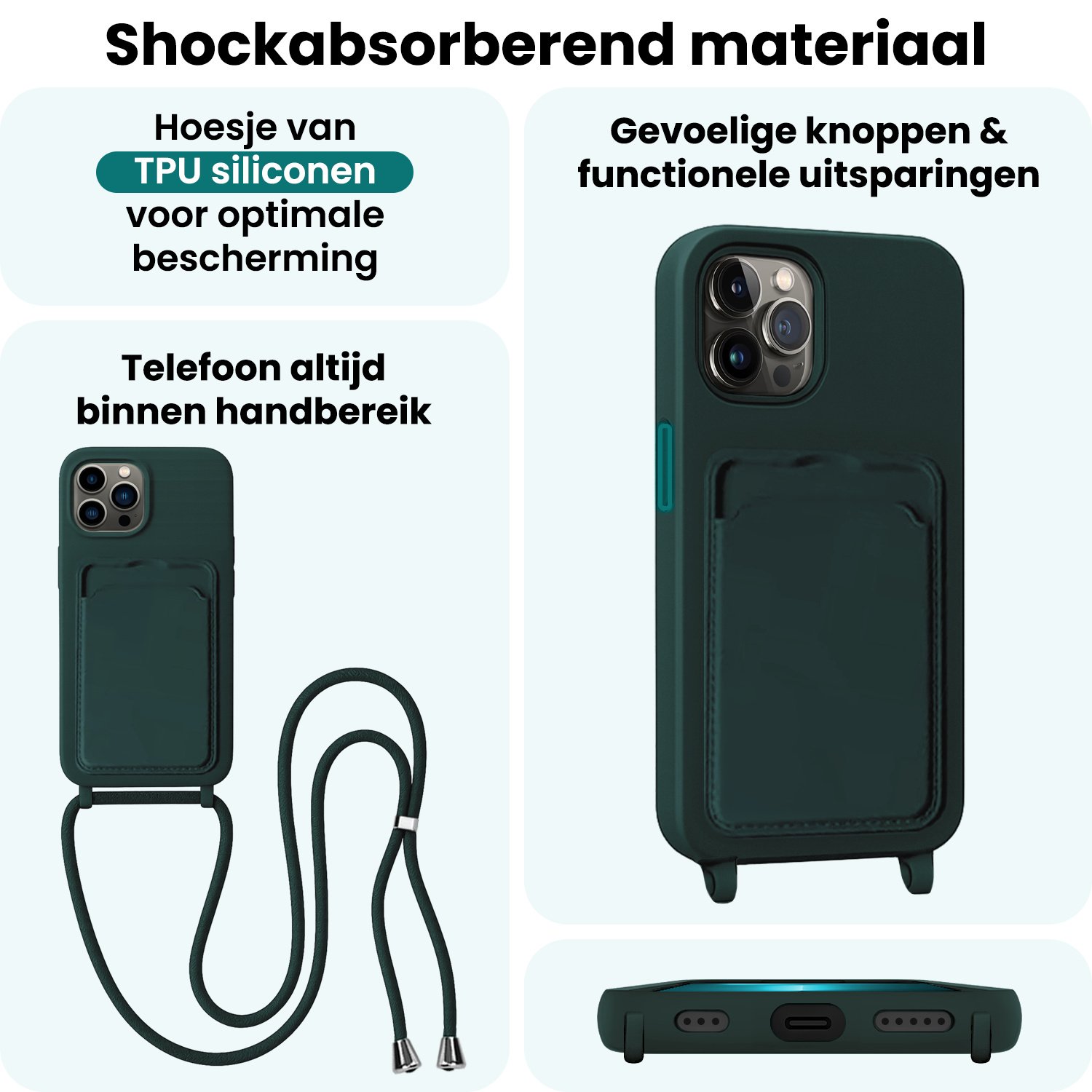 Forterra Forterra iPhone 13 Pro Hoesje Pashouder met Koord - Donkergroen