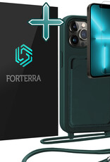 Forterra Forterra iPhone 13 Pro Hoesje Pashouder met Koord Met Screenprotector - Donkergroen