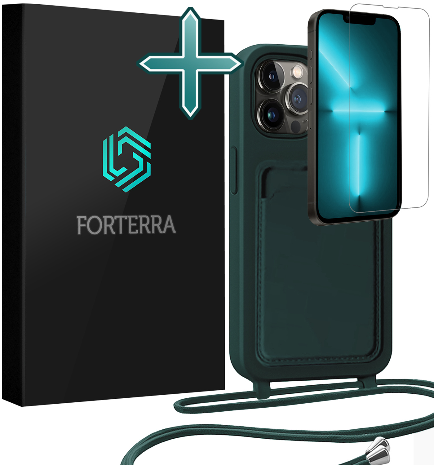 Forterra Forterra iPhone 13 Pro Hoesje Pashouder met Koord Met Screenprotector - Donkergroen