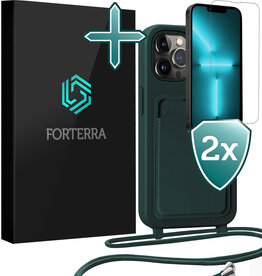 Forterra Forterra iPhone 13 Pro Hoesje Pashouder met Koord Met 2x Screenprotector - Donkergroen