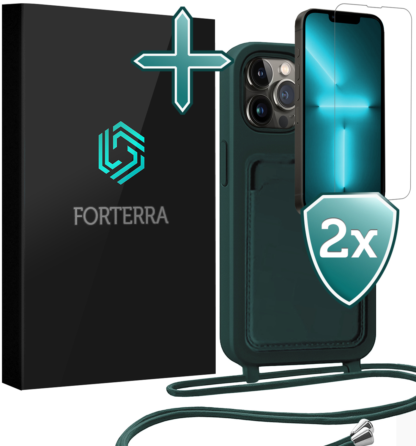 Forterra Forterra iPhone 13 Pro Hoesje Pashouder met Koord Met 2x Screenprotector - Donkergroen