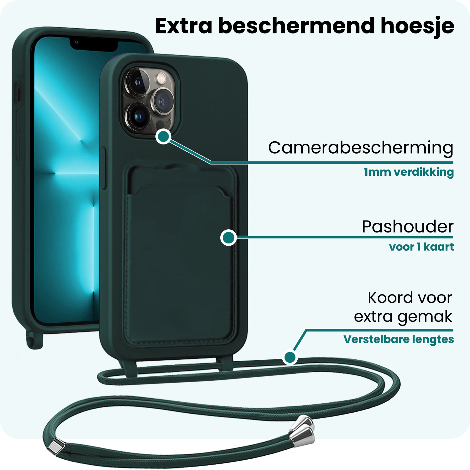Forterra Forterra iPhone 13 Pro Hoesje Pashouder met Koord Met 2x Screenprotector - Donkergroen