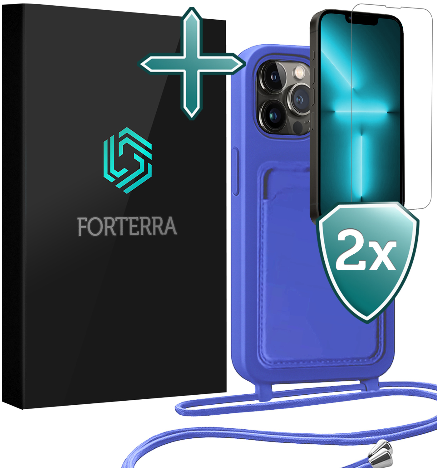 Forterra Forterra iPhone 13 Pro Hoesje Pashouder met Koord Met 2x Screenprotector - Fel Blauw