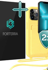 Forterra Forterra iPhone 13 Pro Hoesje Pashouder met Koord Met 2x Screenprotector - Geel