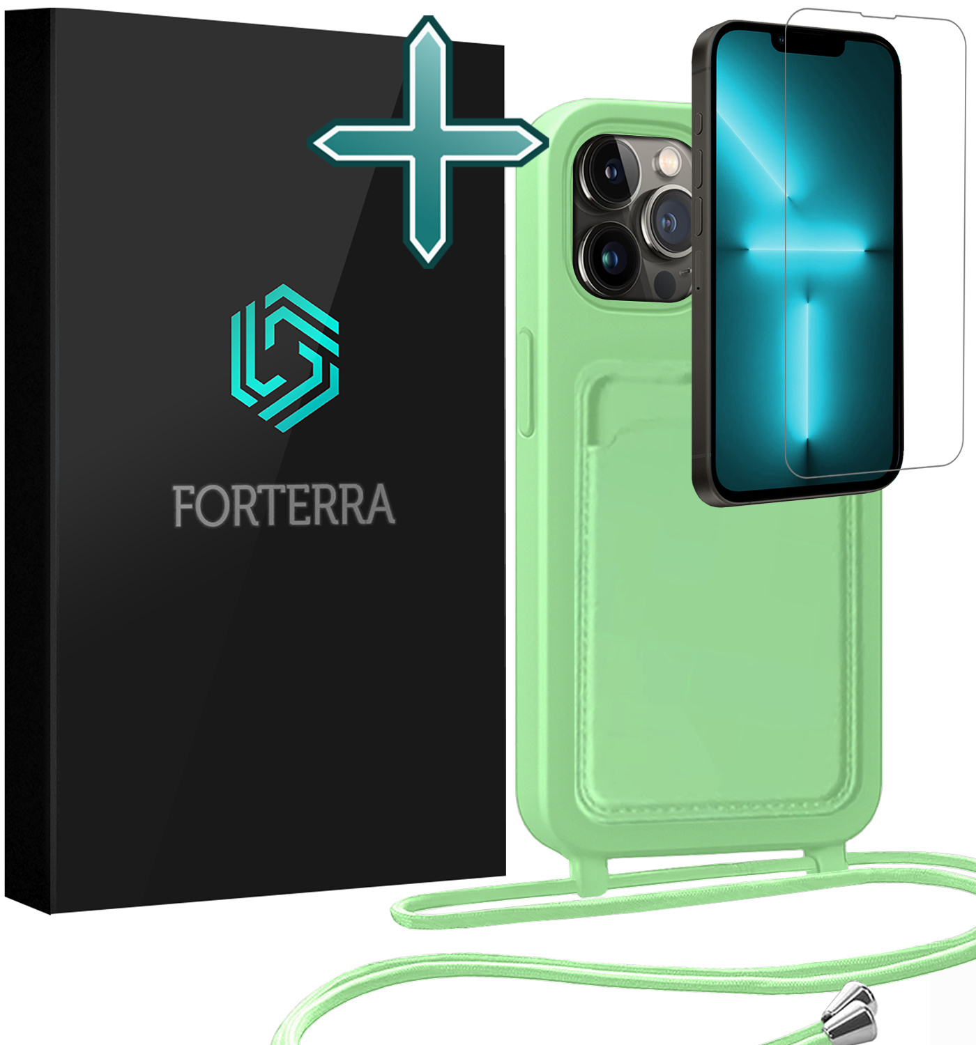Forterra Forterra iPhone 13 Pro Hoesje Pashouder met Koord Met Screenprotector - Groen