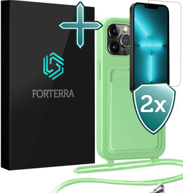 Forterra Forterra iPhone 13 Pro Hoesje Pashouder met Koord Met 2x Screenprotector - Groen