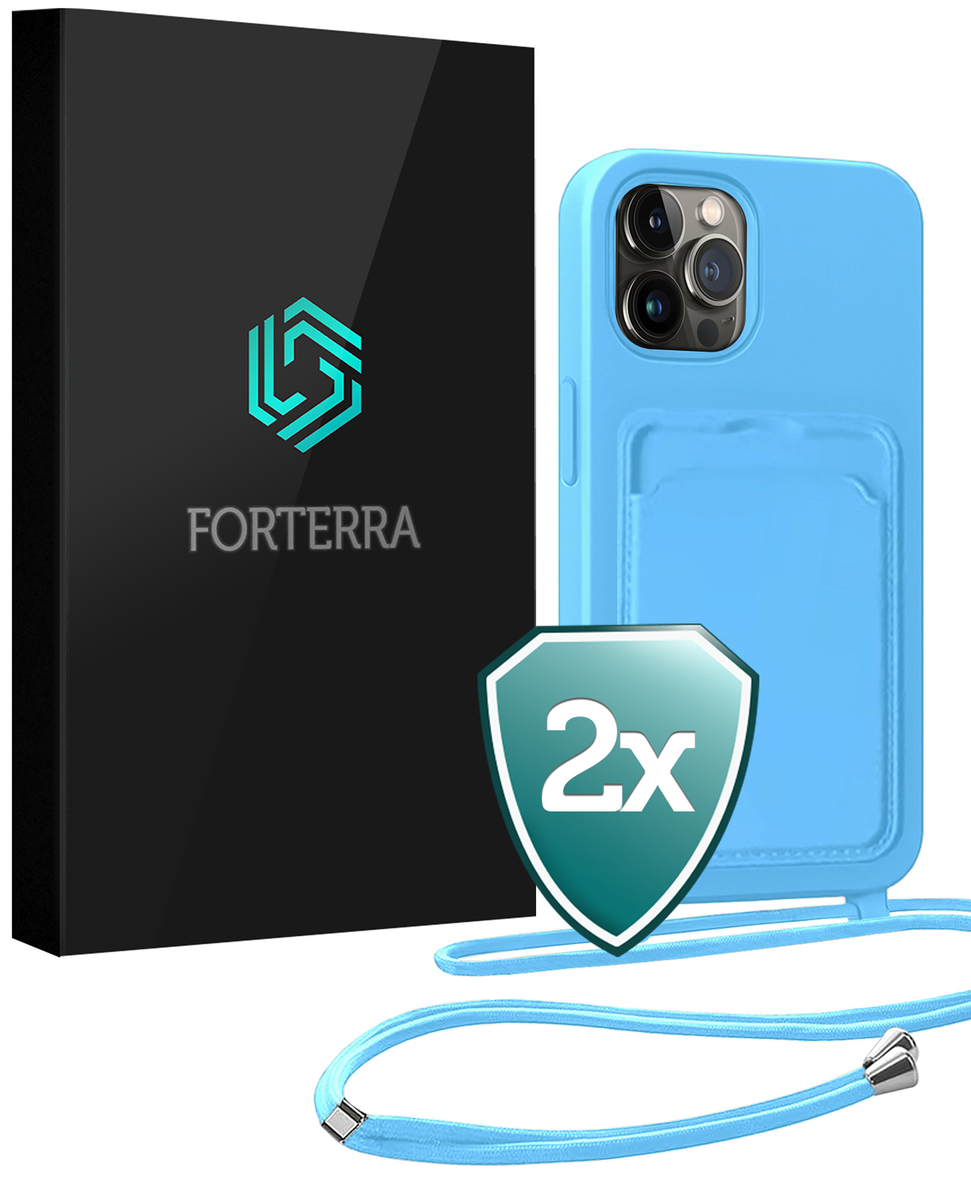 Forterra Forterra iPhone 13 Pro Hoesje Pashouder met Koord - Lichtblauw - 2 PACK