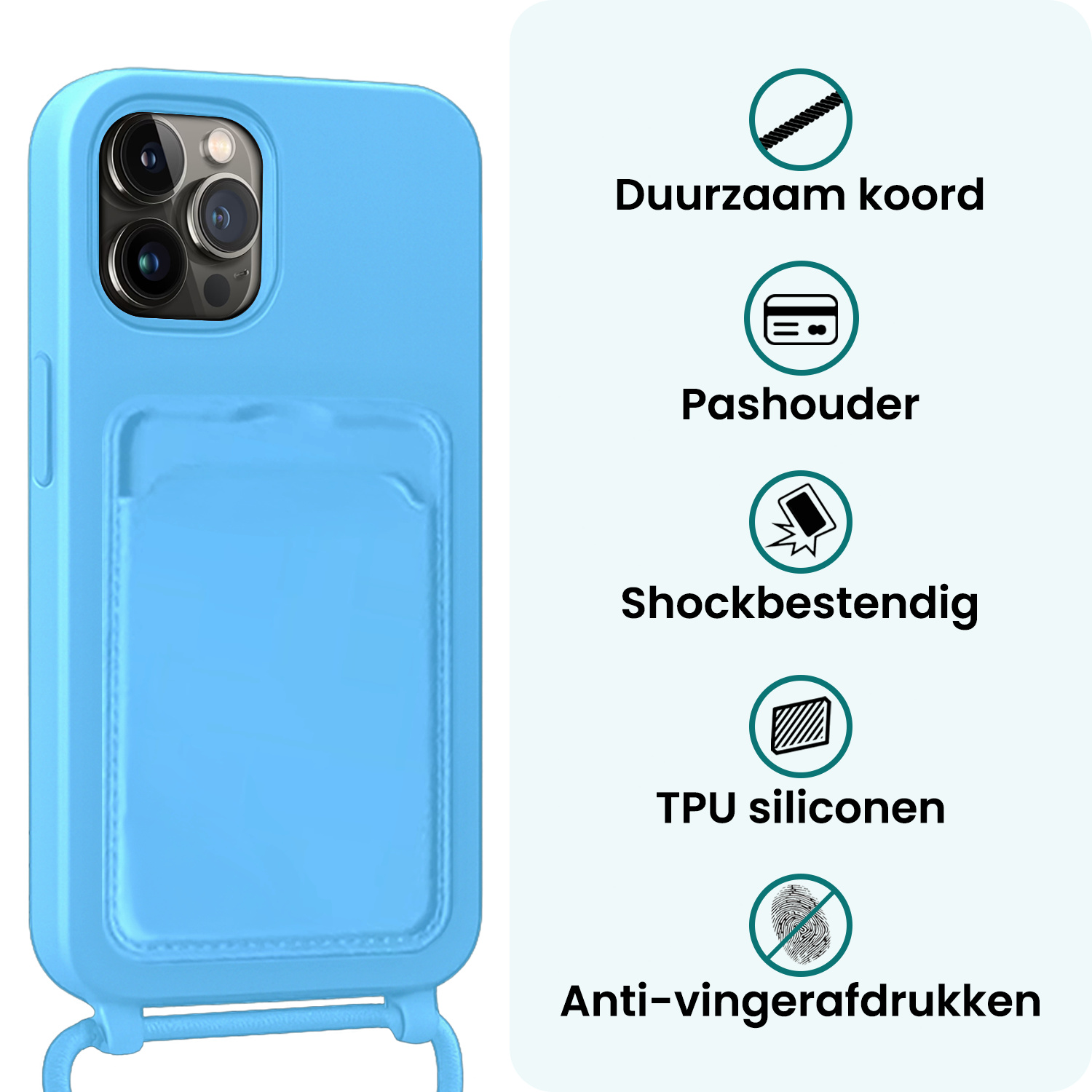 Forterra Forterra iPhone 13 Pro Hoesje Pashouder met Koord - Lichtblauw - 2 PACK