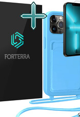 Forterra Forterra iPhone 13 Pro Hoesje Pashouder met Koord Met Screenprotector - Lichtblauw