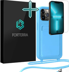 Forterra Forterra iPhone 13 Pro Hoesje Pashouder met Koord Met Screenprotector - Lichtblauw