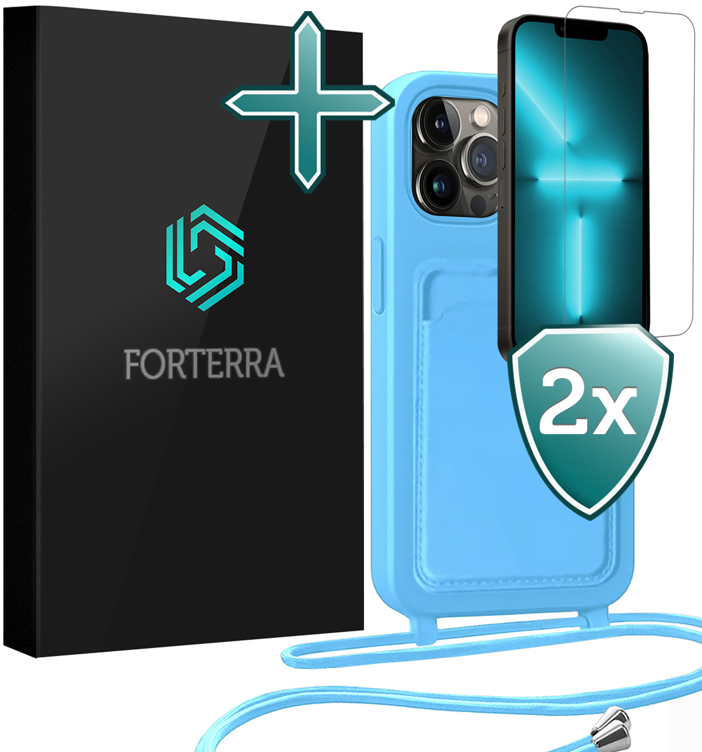 Forterra Forterra iPhone 13 Pro Hoesje Pashouder met Koord Met 2x Screenprotector - Lichtblauw