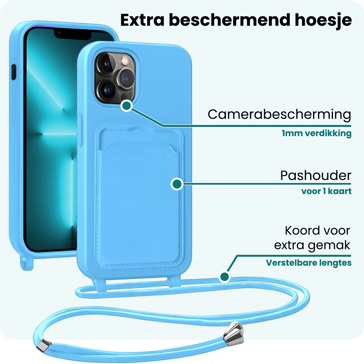 Forterra Forterra iPhone 13 Pro Hoesje Pashouder met Koord Met 2x Screenprotector - Lichtblauw