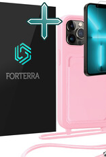Forterra Forterra iPhone 13 Pro Hoesje Pashouder met Koord Met Screenprotector - Lichtroze