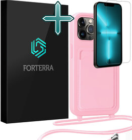 Forterra Forterra iPhone 13 Pro Hoesje Pashouder met Koord Met Screenprotector - Lichtroze