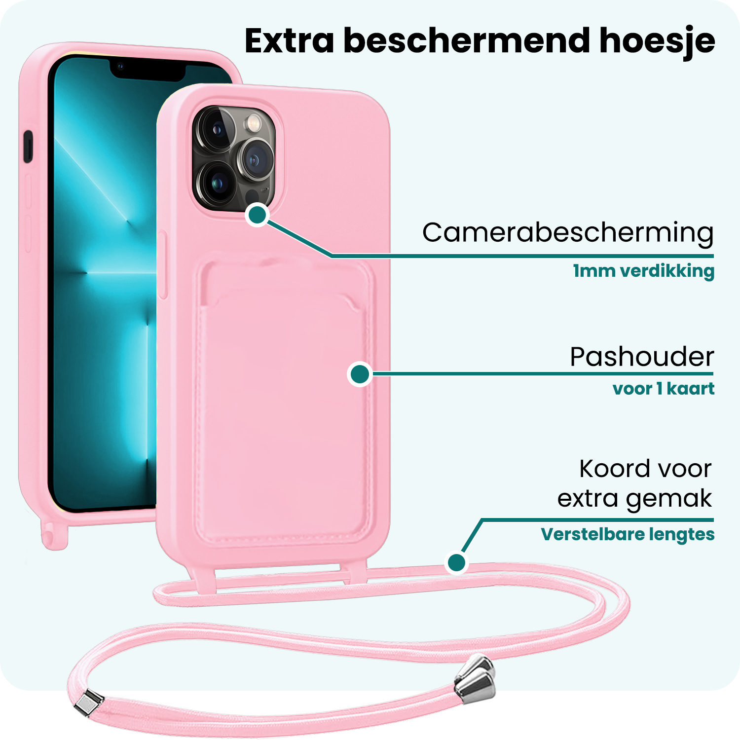 Forterra Forterra iPhone 13 Pro Hoesje Pashouder met Koord Met Screenprotector - Lichtroze