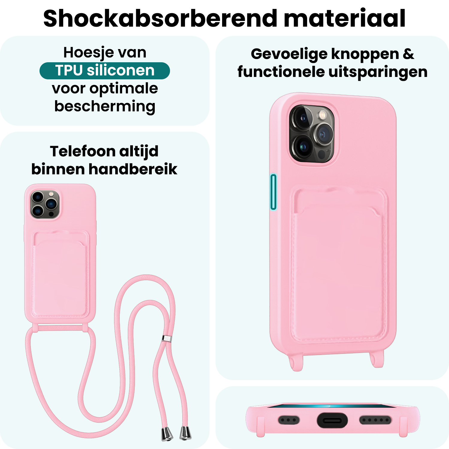 Forterra Forterra iPhone 13 Pro Hoesje Pashouder met Koord Met Screenprotector - Lichtroze