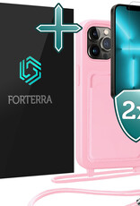 Forterra Forterra iPhone 13 Pro Hoesje Pashouder met Koord Met 2x Screenprotector - Lichtroze