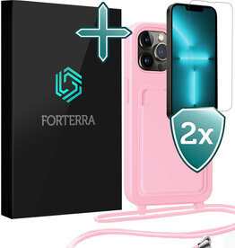 Forterra Forterra iPhone 13 Pro Hoesje Pashouder met Koord Met 2x Screenprotector - Lichtroze