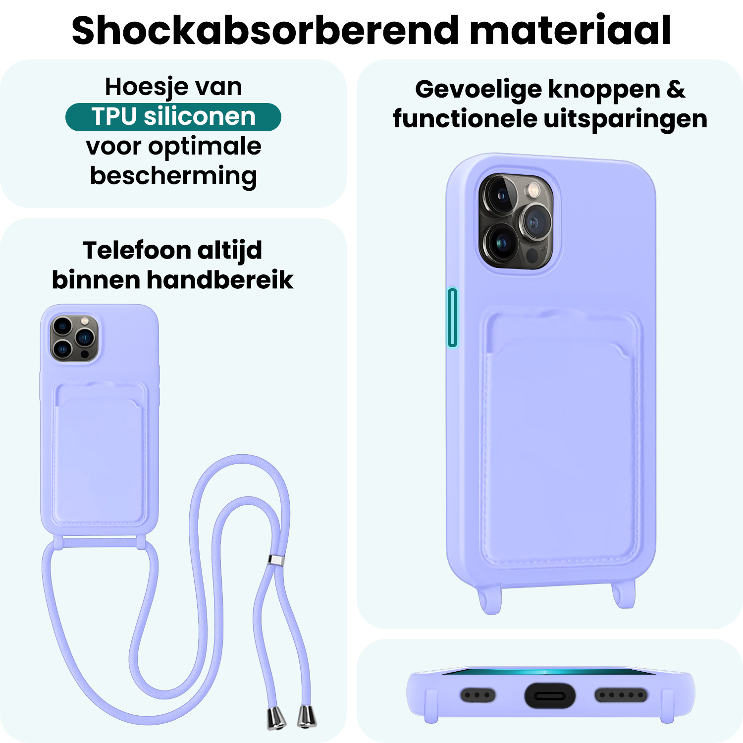 Forterra Forterra iPhone 13 Pro Hoesje Pashouder met Koord - Lila