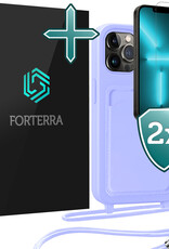 Forterra Forterra iPhone 13 Pro Hoesje Pashouder met Koord Met 2x Screenprotector - Lila