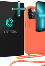 Forterra Forterra iPhone 13 Pro Hoesje Pashouder met Koord Met Screenprotector - Papaya