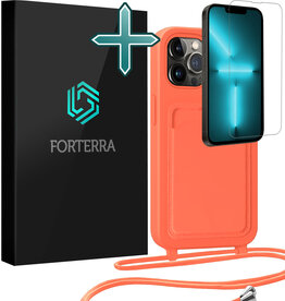 Forterra Forterra iPhone 13 Pro Hoesje Pashouder met Koord Met Screenprotector - Papaya