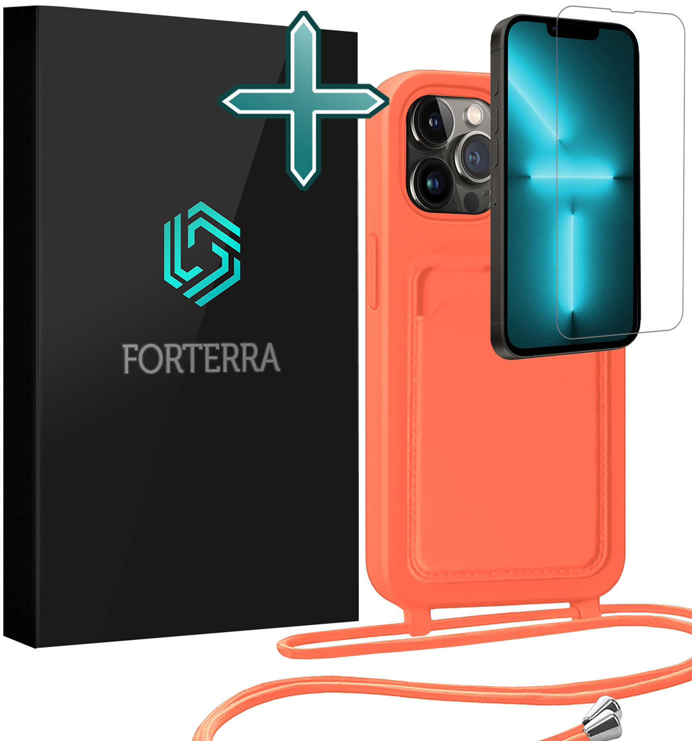 Forterra Forterra iPhone 13 Pro Hoesje Pashouder met Koord Met Screenprotector - Papaya
