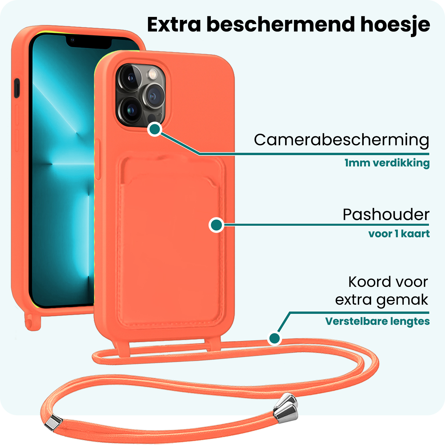 Forterra Forterra iPhone 13 Pro Hoesje Pashouder met Koord Met Screenprotector - Papaya