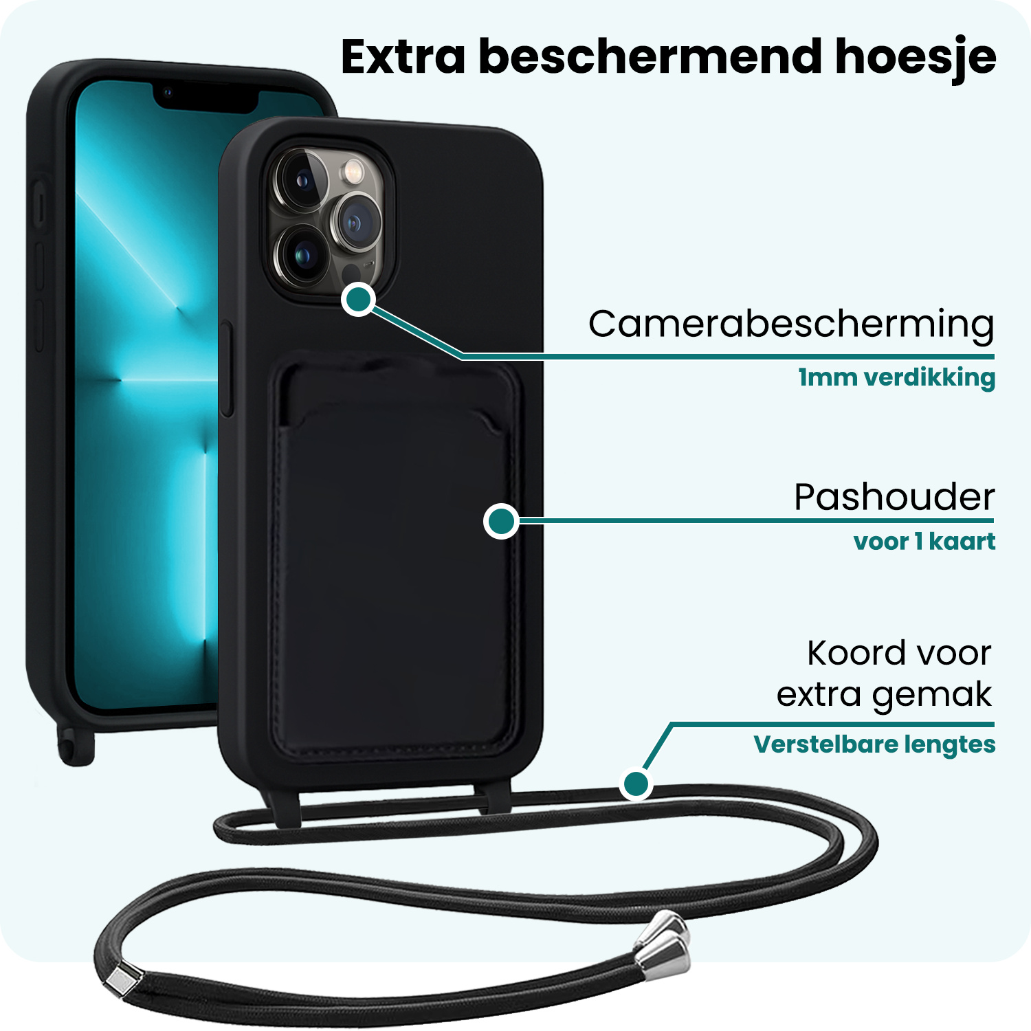 Forterra Forterra iPhone 13 Pro Hoesje Pashouder met Koord - Zwart