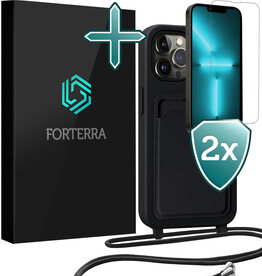 Forterra Forterra iPhone 13 Pro Hoesje Pashouder met Koord Met 2x Screenprotector - Zwart