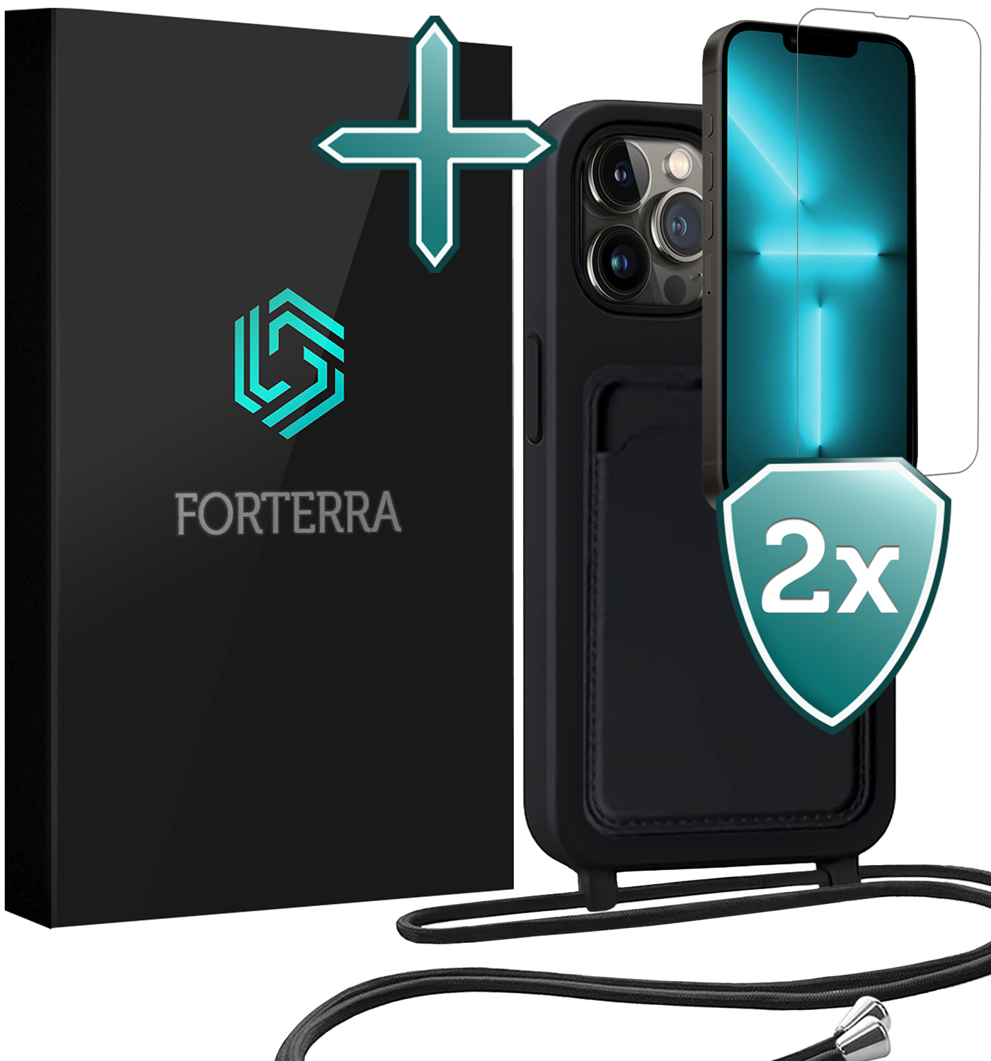 Forterra Forterra iPhone 13 Pro Hoesje Pashouder met Koord Met 2x Screenprotector - Zwart