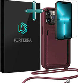 Forterra Forterra iPhone 13 Pro Max Hoesje Pashouder met Koord Met Screenprotector - Aubergine