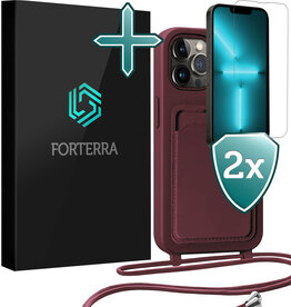 Forterra Forterra iPhone 13 Pro Max Hoesje Pashouder met Koord Met 2x Screenprotector - Aubergine
