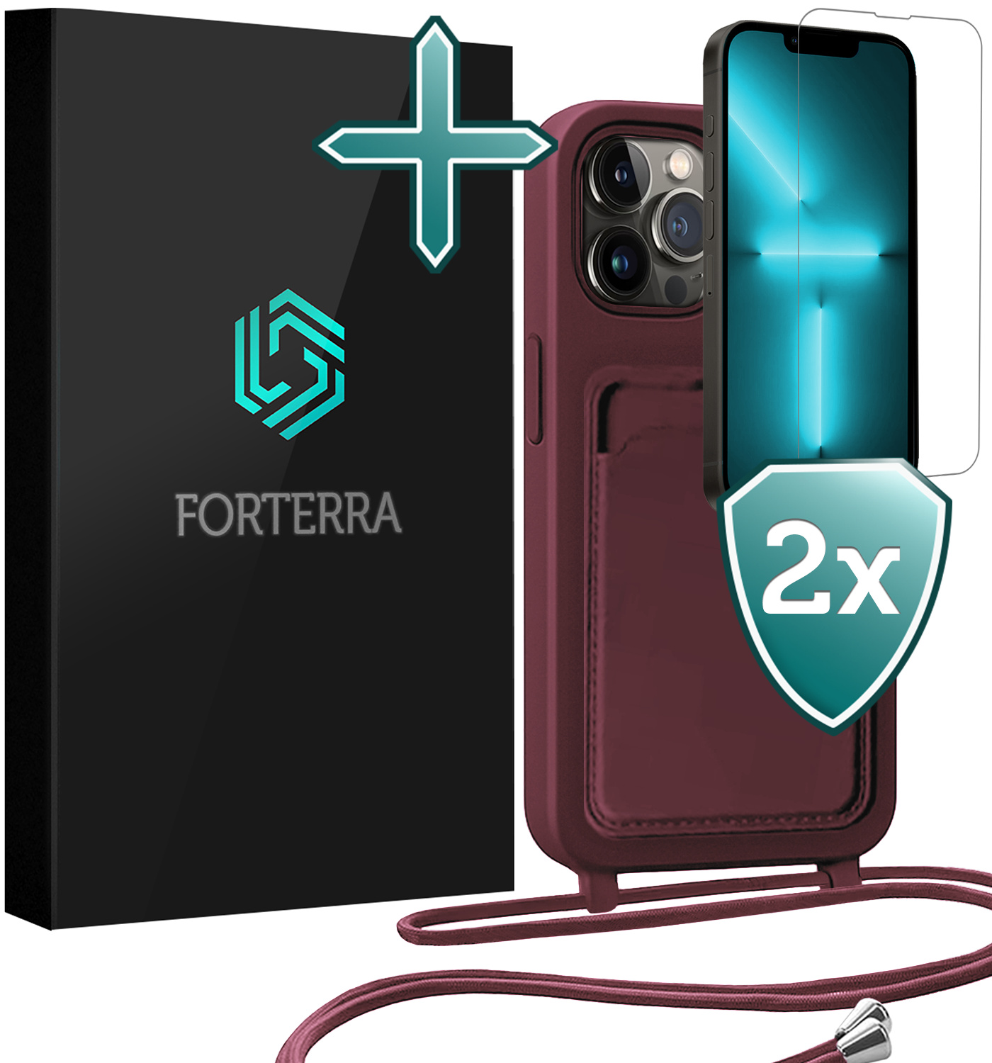 Forterra Forterra iPhone 13 Pro Max Hoesje Pashouder met Koord Met 2x Screenprotector - Aubergine