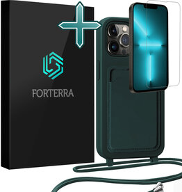 Forterra Forterra iPhone 13 Pro Max Hoesje Pashouder met Koord Met Screenprotector - Donkergroen