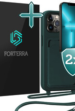 Forterra Forterra iPhone 13 Pro Max Hoesje Pashouder met Koord Met 2x Screenprotector - Donkergroen