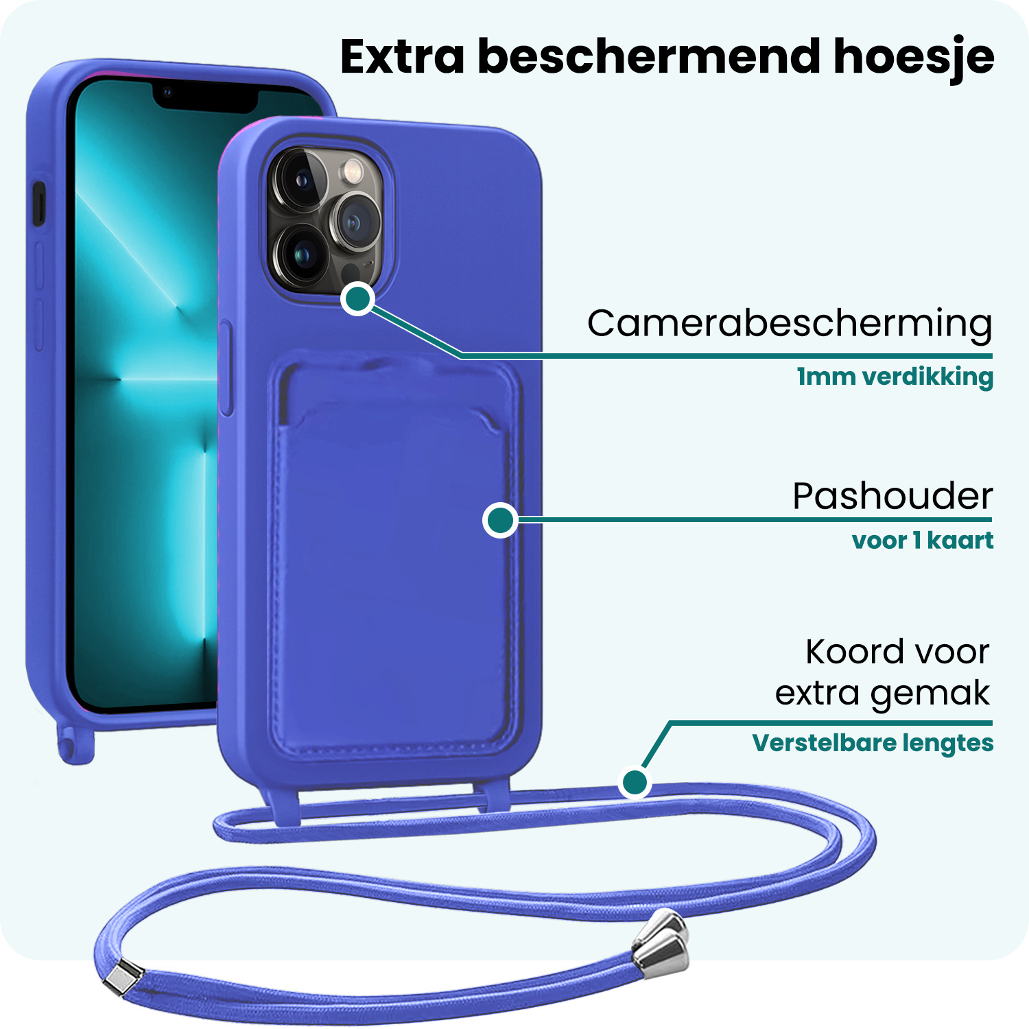 Forterra Forterra iPhone 13 Pro Max Hoesje Pashouder met Koord Met Screenprotector - Fel Blauw