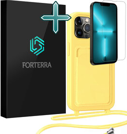 Forterra Forterra iPhone 13 Pro Max Hoesje Pashouder met Koord Met Screenprotector - Geel