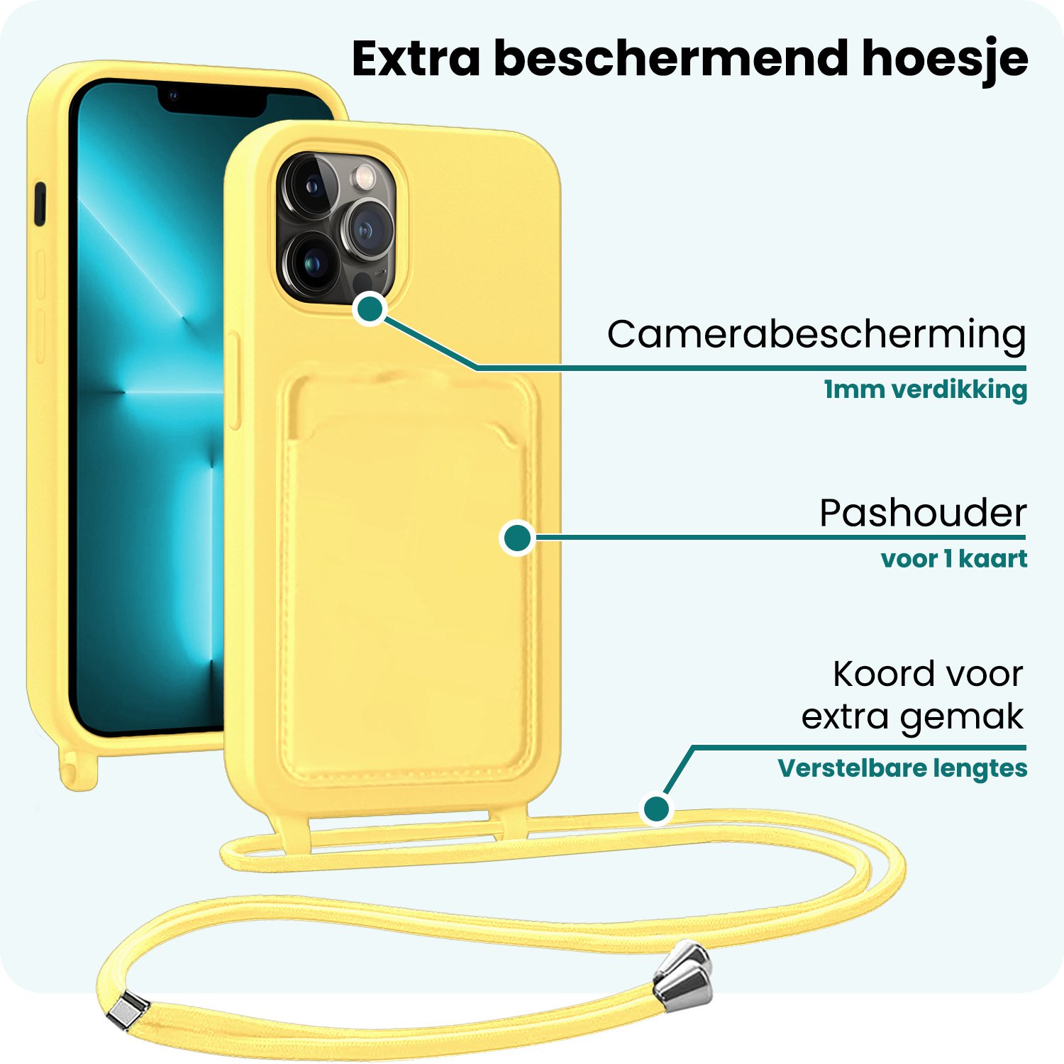 Forterra Forterra iPhone 13 Pro Max Hoesje Pashouder met Koord Met Screenprotector - Geel