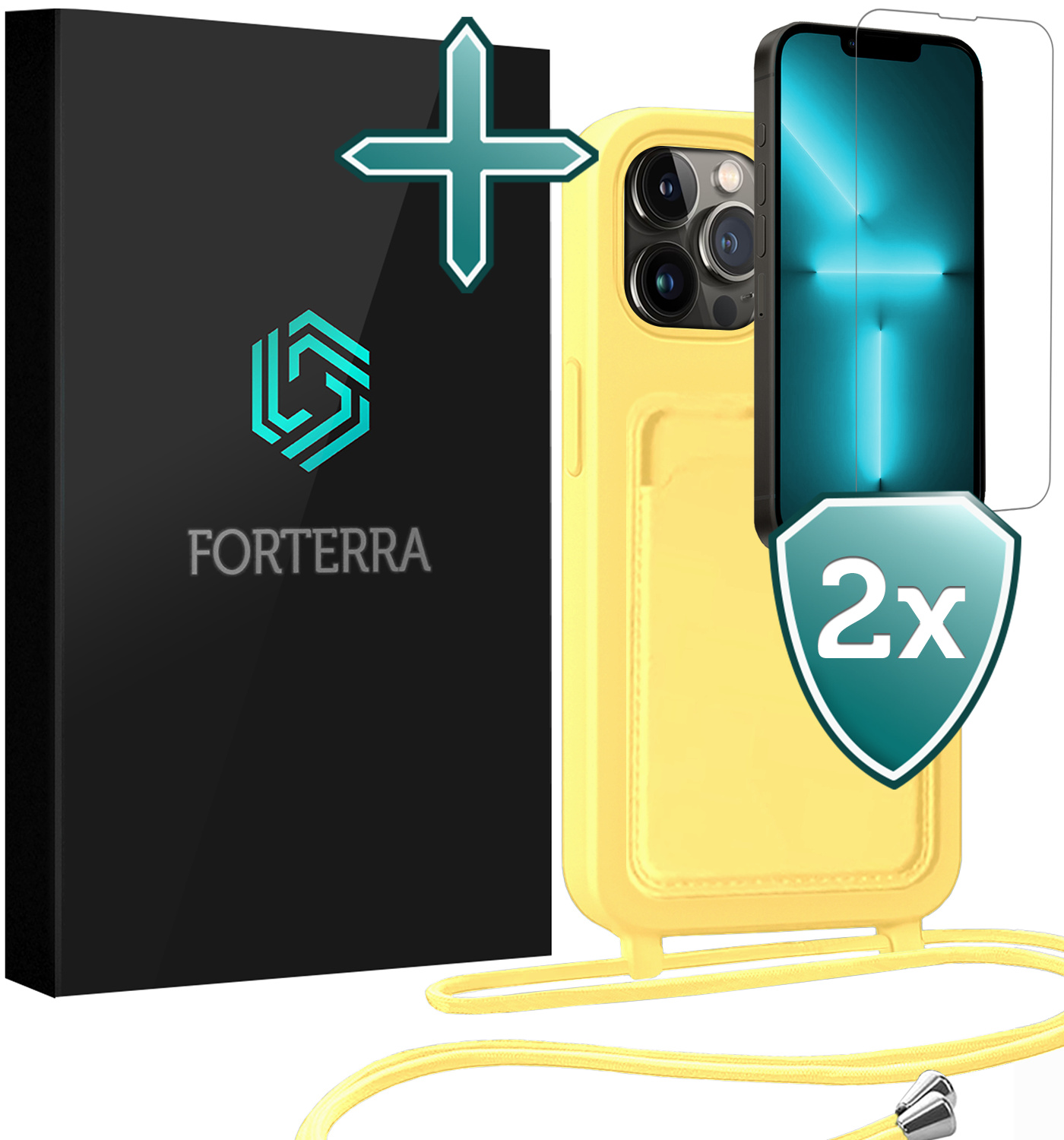 Forterra Forterra iPhone 13 Pro Max Hoesje Pashouder met Koord Met 2x Screenprotector - Geel