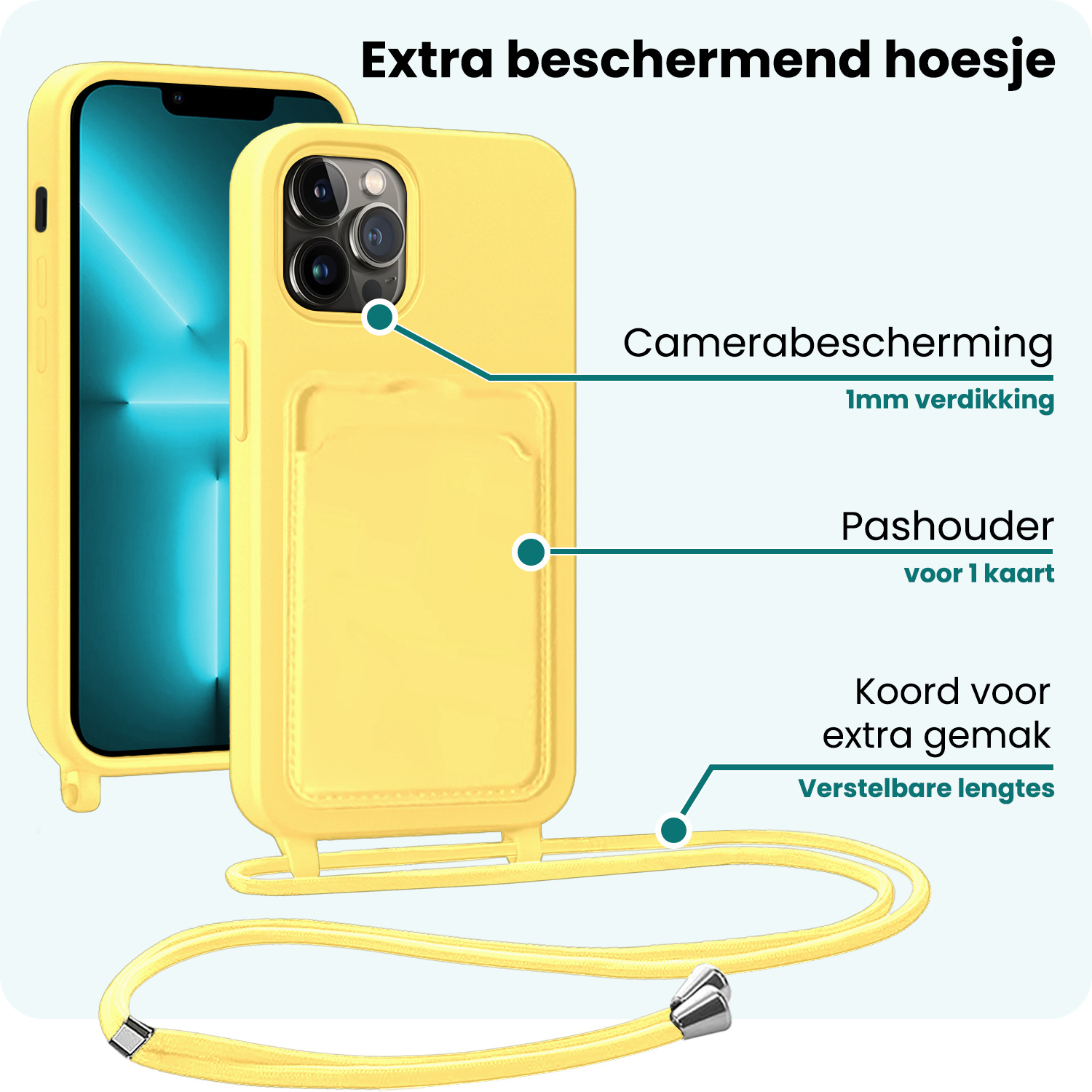 Forterra Forterra iPhone 13 Pro Max Hoesje Pashouder met Koord Met 2x Screenprotector - Geel