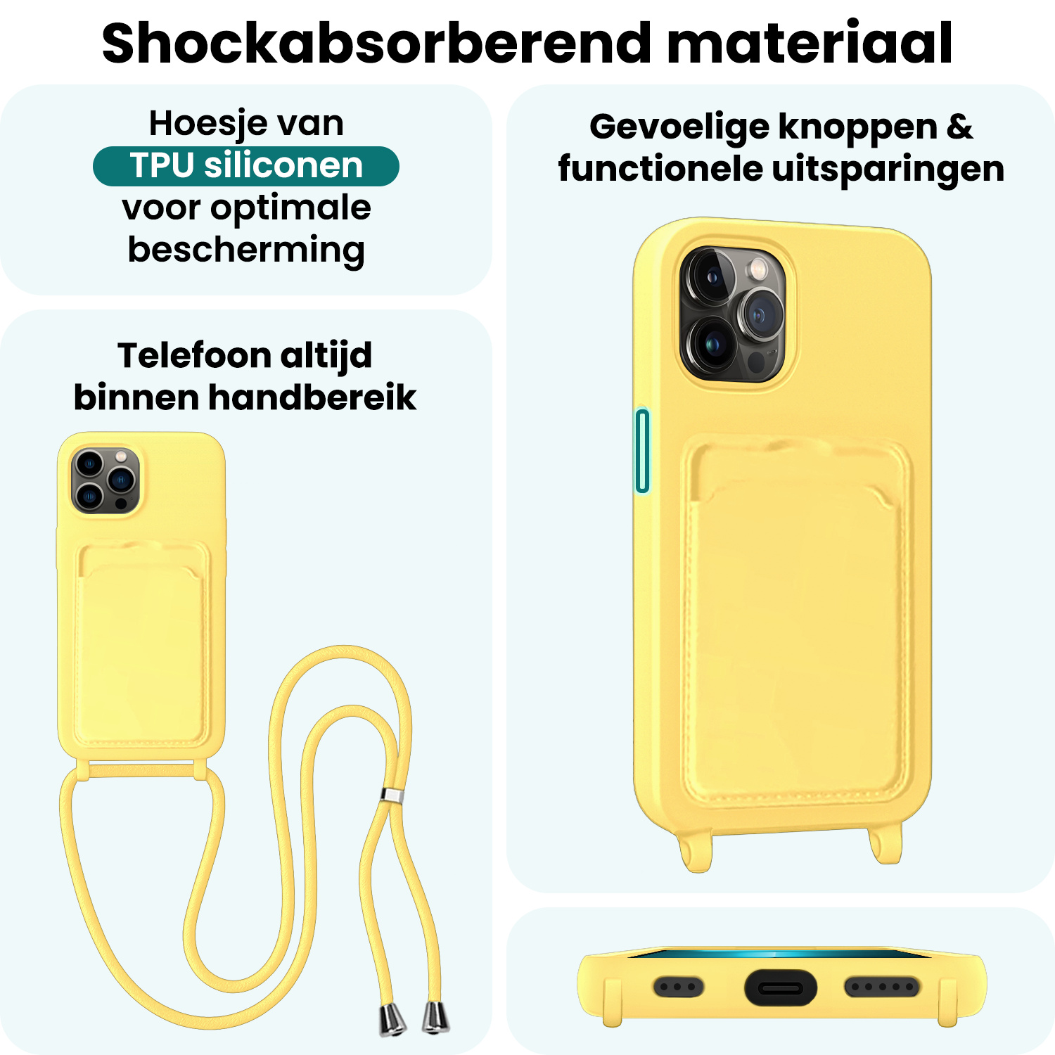 Forterra Forterra iPhone 13 Pro Max Hoesje Pashouder met Koord Met 2x Screenprotector - Geel
