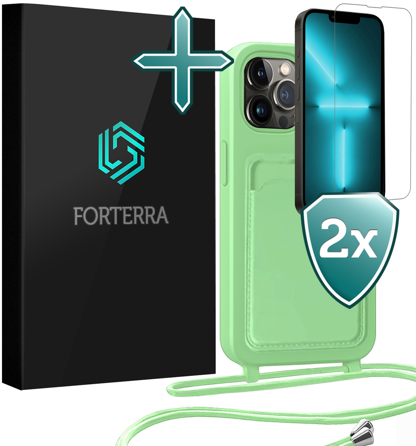 Forterra Forterra iPhone 13 Pro Max Hoesje Pashouder met Koord Met 2x Screenprotector - Groen