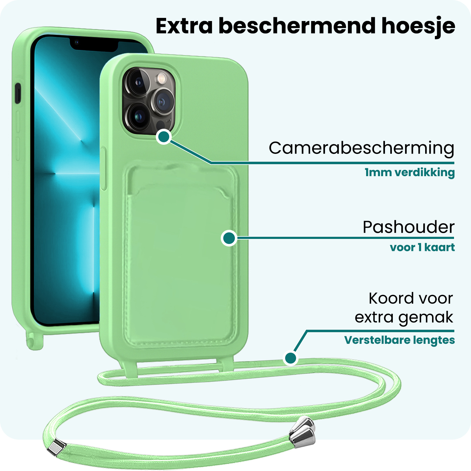 Forterra Forterra iPhone 13 Pro Max Hoesje Pashouder met Koord Met 2x Screenprotector - Groen